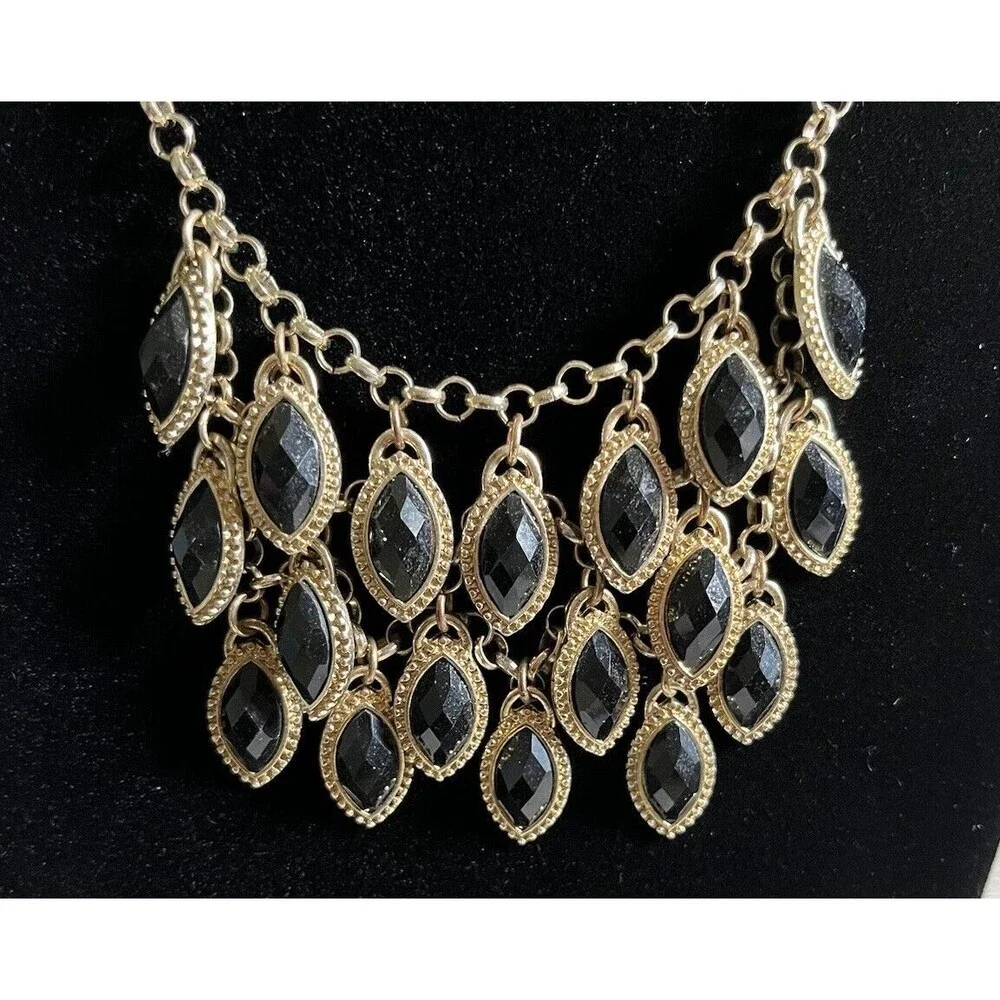 Waterfall Tear Drop Style Bib Statement Necklace Gold Tone Black Jet 20" - Picture 3 of 6
